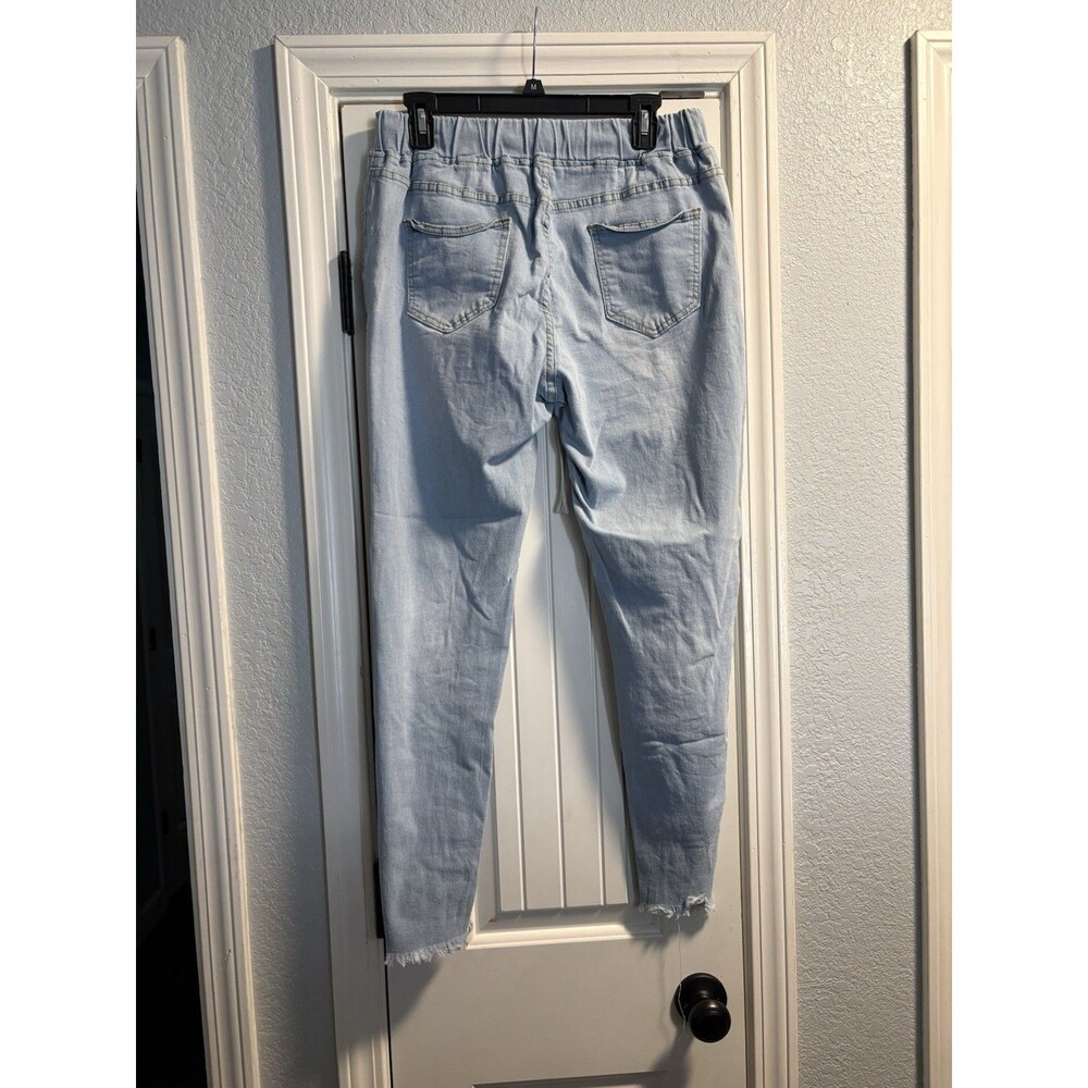 Light Wash Distressed Denim Jogger Jeans-Size Large-Drawstring Waist Streetwear - Picture 2 of 3